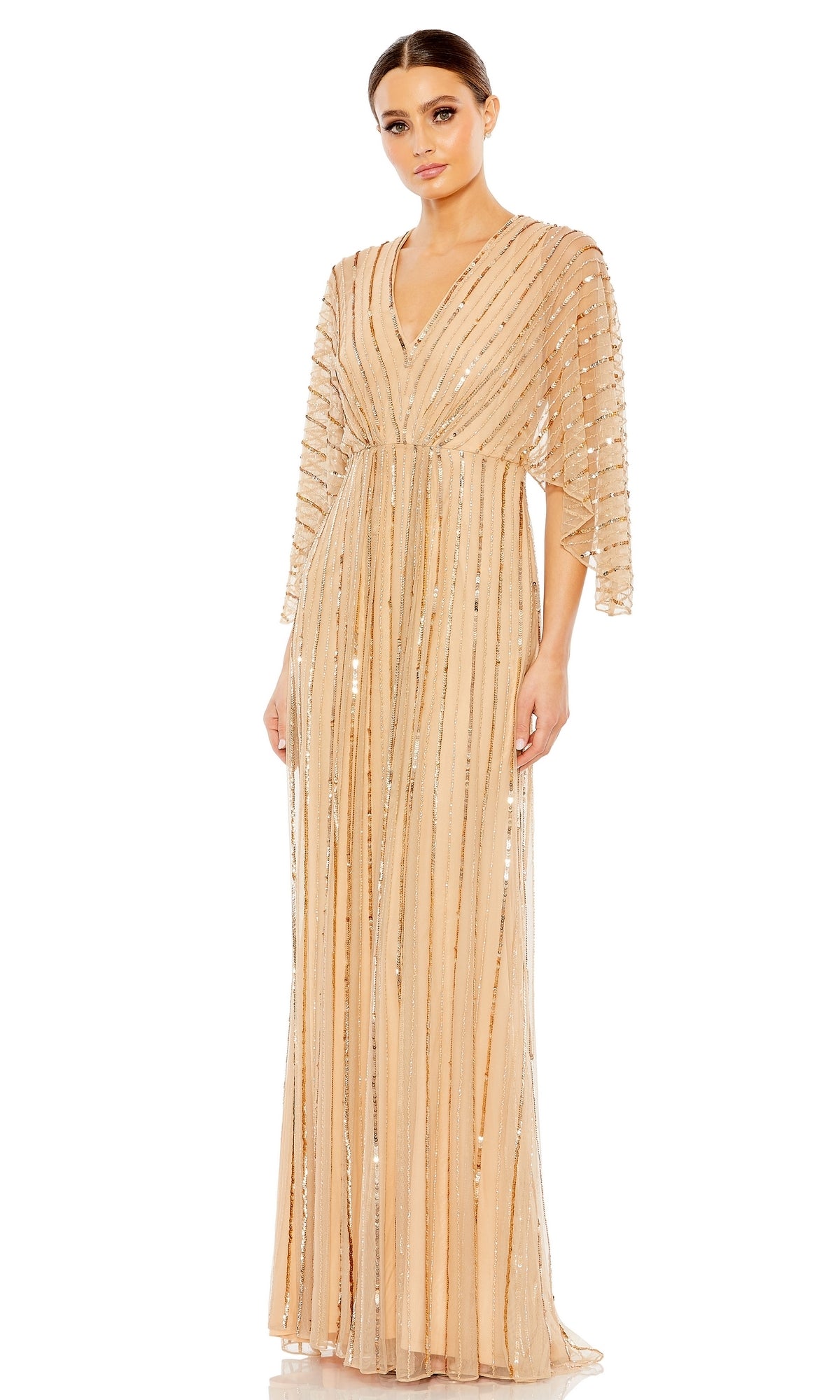 Woman wearing the Mac Duggal 93841 Long Sequin A-Line Formal Dress with metallic vertical stripes and a V-neckline, posing against a white background.